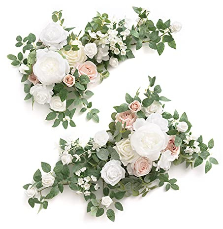 Ling's moment 2PCS Weiße Künstliche Blume Girlande Blumen Swag Tafelaufsätze Hochzeit Bogen Blume Grün Arrangements für Schatz Tisch Wand Fenster Haus Garten Outdoor Dekor