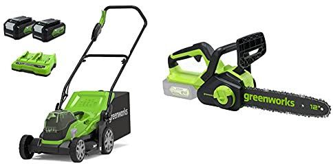 Greenworks Tools Cortacésped 2512507UD, 48 V, 2 x batería 4 Ah + Motosierra Eléctrica con Batería G24CS30, Li-Ion 24V Velocidad de Cadena 7.8 m/s, Longitud de Corte 30 cm