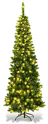 COSTWAY Albero di Natale 135/200/225 cm, Albero di Natale Slim con 150/250/350 Luci a LED Calde, 226/708/1085 Rami Folti e Base di Metallo, Albero di Natale con Luci Incorporate per Festa (225 cm)