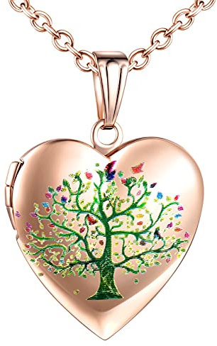 Yumilok Damen Halskette Medaillon Kette Foto Lebensbaum Halsketten Photo Medaillon Herzanhänger Amulett Edelstahl Schmuck für Frauen Mädchen Mutter Roségold