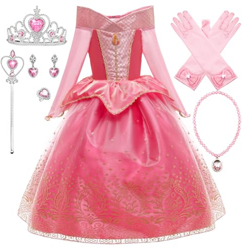 YOSICIL Ragazze Aurora Costume Vestito Bambina bella Addormentata vestirsi la Festa Invernale Carnevale Costumi Halloween Cosplay Natale Cerimonia Compleanno Abiti(Accessori),Rosa-6pz,100