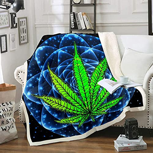 Loussiesd Cannabis Blätter Decke 75x100cm Galaxis Mandala Marihuana Kuscheldecke für Kinder Jungen Mädchen Universum Galaxis Hanf Marihuana Weed Wohndecke Flanell Fleecedecke Grün Blau