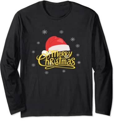Merry Christmas XMas Santa Claus Hat Cap Schneeflocken Langarmshirt