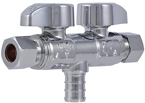 SharkBite 1/2 x 3/8 x 3/8 Inch Brass Crimp Angle Stop Valve, Dual Shut Off, Quarter Turn, PEX Pipe, PE-RT, UCDS123838Z