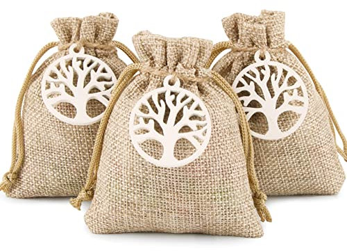 FLOFIA Sacchetti Bomboniere Confetti 10x8cm Bustine e Corda di Iuta + 24pz Albero della Vita in Legno + 100pz Sacchetti Trasparenti per Comunione Battesimo Matrimonio Cresima