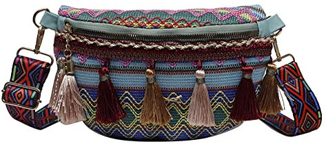 Vintage Ethno-Stil Gürteltasche Canvas Bauchtasche mit Quasten Dekor Fashion Travel Shopper Crossbody Hüfttasche