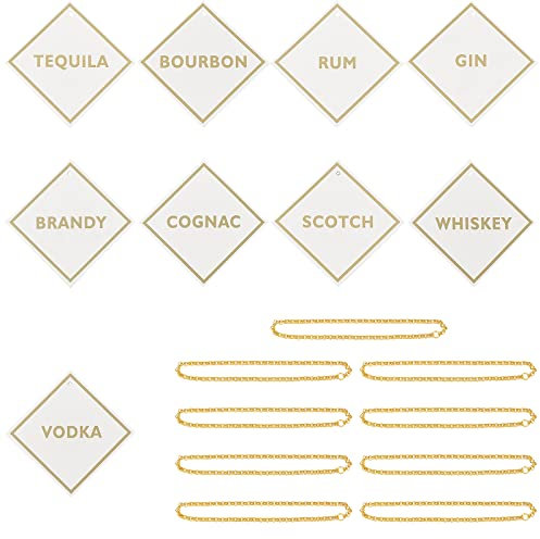 OLYCRAFT 9 Sets Imitation Leather Decanter Liquor Tags with Stainless Chains Liquor Labels Tags Alcohol Tags for Liquor Bottle Tequila Cognac Scotch Gin Vodka Rum Whiskey Brandy Bourbon-Gold & White