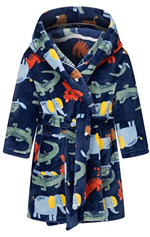 NautySaurs Boys Dressing Gown Girls Unisex Children's Bathrobe Soft Flannel Fleece Robe for Kids 1-12 Years (Navy - Animal, 6-7 Years)