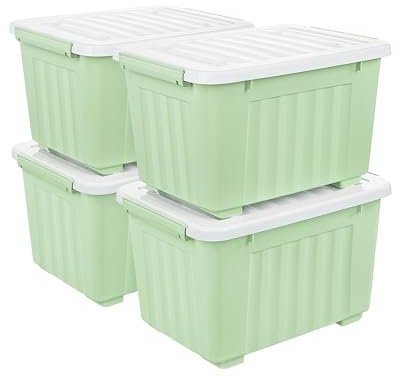 Cetomo 35L*4 Storage Boxes with Wheels, Plastic Storage Box with Lid, Latching Buckles, Click Closure, Stackable, Nesting, Durable Organizer for Home Office Clothes, Green, 35L-4 Pack