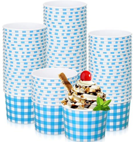 Sieral 9 oz Ice Cream Paper Cup Bowl Disposable Gingham Picnic Dessert Buffalo Plaid Snack Checkered Paper Cups Bulk Hot Cold Food Kitchen Holiday Dinner Party Favors(Blue,50 Pack)