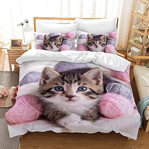 MIQEBX Parure de Lit Chat Imprimé Motif 200x200cm Mignon Chat Housse de Couette avec 2 Taies d'oreiller 3D Animal de Compagnie Imprimé Literie en Microfibre,pour Adultes Enfants Filles