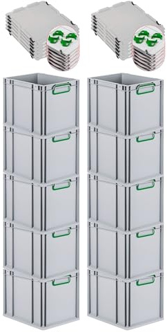 PROREGAL SuperSparSet 10x Eurobox NextGen Color mit Auflagedeckel & Schiebeschnappverschlüsse, HxBxT 32x30x40cm, 30L, Griffe grün geschlossen, Glatter Boden, Eurobehälter Transportbox