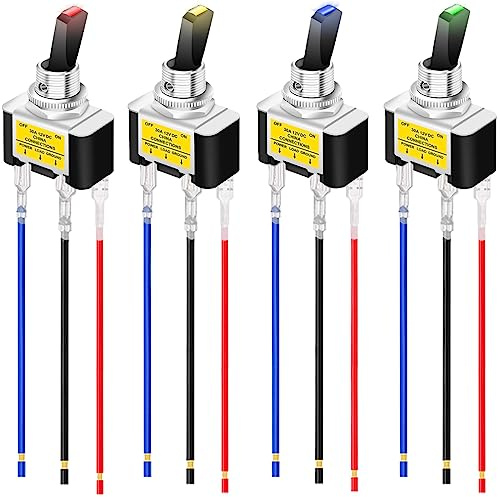 MKBKLLJY4St.Beleuchteter Kippschalter DC 12V 30A SPST 3Pin Ein Aus Rot/Blau/Grün/Gelb LED Schalter für Auto Boot mit verriegelten Klemmen Drähte 4Farbe