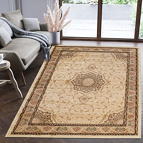 Mazovia Teppich Flur 160x220cm Creme Klassisch Traditionell Weich Stilvoll | Teppich für Eingangsbereich Küche Büro Wohnzimmer Schlafzimmer Beige Pflegeleicht Fußbodenheizungsgeeignet Mittelflor Elegant