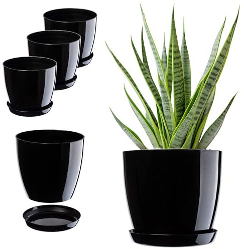 KADAX Lot de 3 pots de fleurs avec soucoupe, bac à fleurs rond en plastique pour l'intérieur et plantes d'intérieur (lot de 3 - 20 cm, noir)