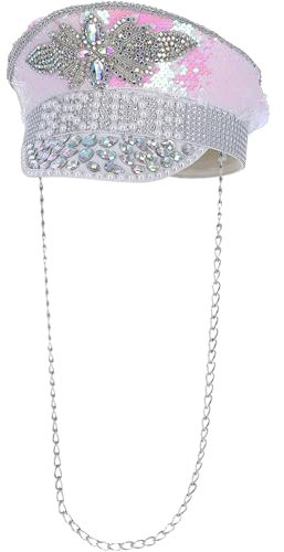 Smiffys Fever-Deluxe-Perlenbraut-Kapitänsmütze mit Pailletten, weiß, mit Kette Halloween