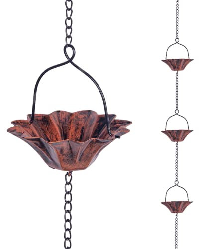 Qipade 3 m Lotus Regenkette, Regenketten für Dachrinnen mit 12 Tassen, verstellbare Regenfangkette mit Glocke für Traufenablauf, Ersatz für Fallrohr