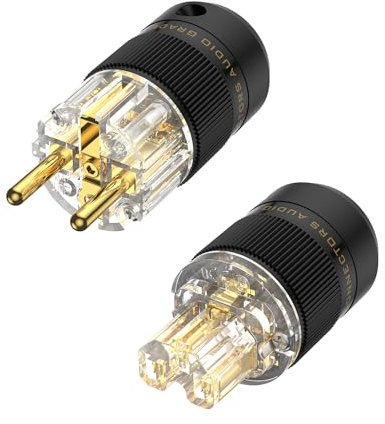 Brollitest Fiche Schuko HiFi haut de gamme - Rhodiée - Contacts - Transparent - + coupleur IEC C15 - Pour appareils à froid - Plaqué or transparent
