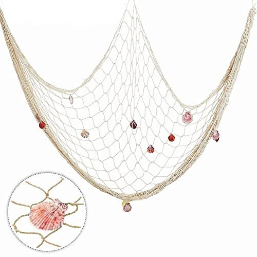 Fischernetz Deko, Mediterranen Stil Fischerei Dekorative mit Farbigen Muscheln, Thema Dekor für Party Home Wohnzimmer Schlafzimmer mediterranen Stil Dekor Wanddekoration,Circa 150 x 200 cm (Beige)