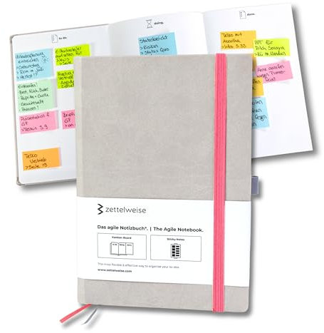 zettelweise - Das agile Notizbuch A5 | Mit integriertem Kanban Board | inkl. 300 Haftnotizen | ADHS Hilfsmittel | veganes Hardcover | 192 nummerierte Seiten | Notizbuch für To dos (Grau/Korallpink)