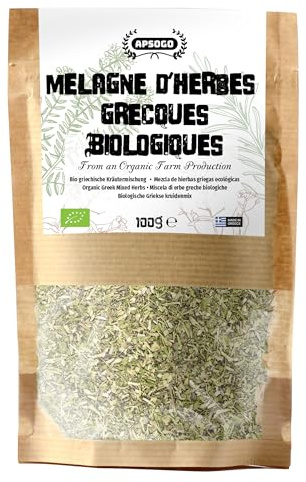 Apsogo Miscela di Erbe Greca Bio - Origano, Timo e Rosmarino, 100g | Miscela di erbe greche con origano, timo e rosmarino - aromatica per carne, pesce e verdure alla griglia.