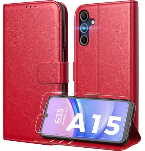 Peakally Handyhülle für Samsung Galaxy A15 4G / 5G Hülle [Mit 1 Stück Panzer Schutz Glas] [Premium PU Leder] [RFID-Blockierung] [Kartenfach] [Ständer] Klapphülle kompatibel mit Galaxy A15 - Rot