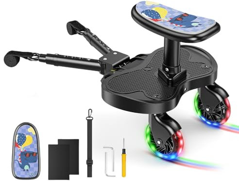 Universales Buggy Board mit LED-Rädern, 2-in-1 Trittbrett für Kinderwagen mit süßem Dino-Muster Chair Cushion – für Kinder von 2 bis 6 Jahren (25kg), kompatibel mit 99% Aller Kinderwagen