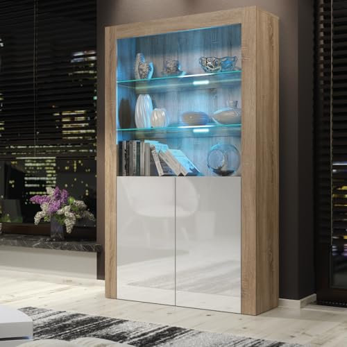 Creative Furniture Sideboard 170cm Oak Display Cabinet Modern Stand White Gloss Doors Free LED