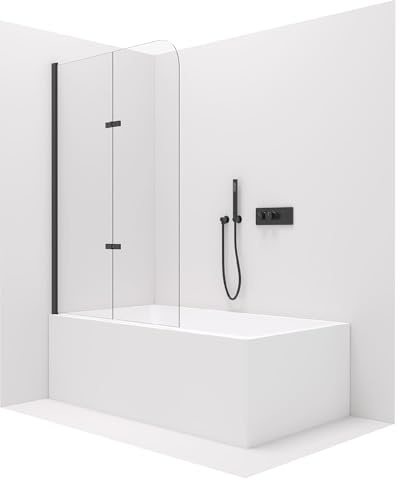 Stilform Soho Badewannenaufsatz, Duschwand für Badewanne: 2-teiliges Klarglas-Design, 120x140, ESG-Sicherheitsglas, Faltbare Duschabtrennung, Profilfarbe Chrom oder Matt-Schwarz (Schwarz Matt)