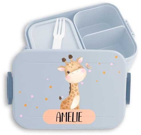 Kinder Bento Box Midi für Mepal Bentobox - Brotbox Mädchen süße Giraffe mit Name | Kindergarten Geschenk Lunchbox Giraffen Pausendose Einschulung - 900 ml - Hellblau - jausenbox und tiere