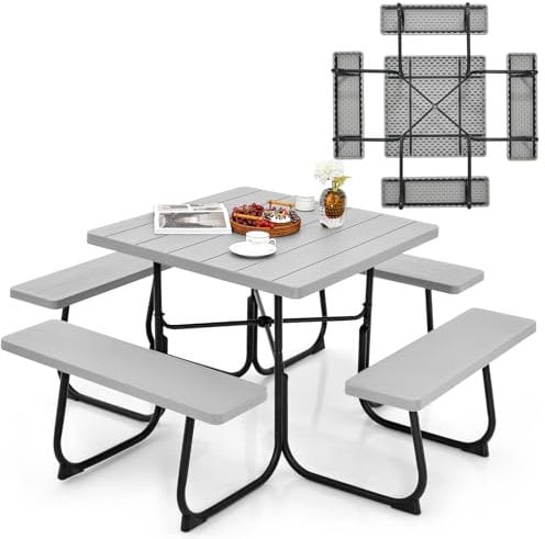 KOMFOTTEU Bierzeltgarnitur für 8 Personen, Quadratisches Picknicktisch Set mit Schirmloch & 4 Bänken, Gartenmöbel Set aus HDPE & Metall, Gartengarnitur Sitzgarnitur für Terrasse (Grau)