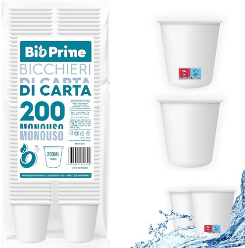 Bio Prime - 200pz - Bicchieri Acqua in Carta 200ml - Bicchieri 200ml Biodegradabili - Per Bevande Calde, Acqua e Bibite - Bicchieri Usa e Getta.