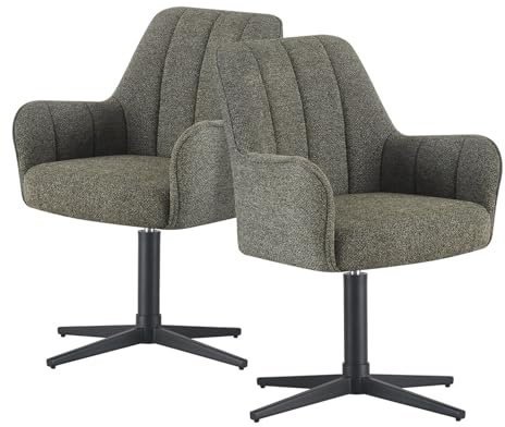 DUBI Möbel® Premium Esszimmerstühle Thomas-Romy 2er Set – Armlehnstuhl mit Federkernpolsterung und Design Webstoff in Grün, 360° Drehgestell mit Auto-Rückstellfunktion