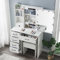 Buildonely Schminktisch mit LED Beleuchtung und Hocker, Frisiertisch mit Spiegel für Make up, Kosmetiktisch 3 Farbtemperaturen, 5 Große Schubladen und 4 Ablagen, SH3056BA909