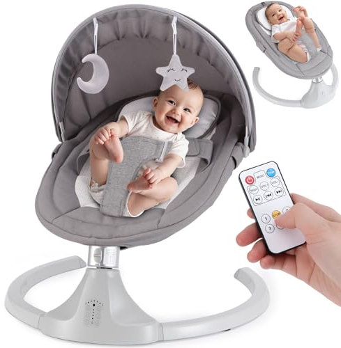 harhoers Baby Swing for Newborns 0-6 Months, Electric Infant Swing with Bluetooth & Remote Control, 5-Speed Portable Rocker with 12 Soothing Lullabies, 3-Point Widened Harness, ASTM Certified