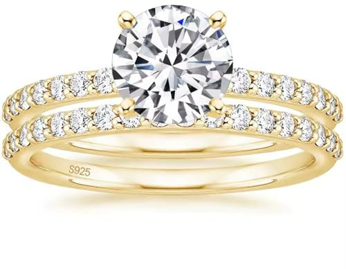ROUGEMONT Moissanit Doppelring Set, 925 Sterling Silber, 18K Vergoldet, Brillantschliff Ringgröße 7
