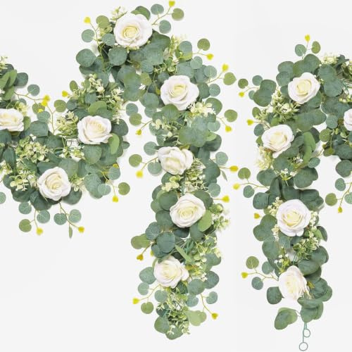 Lxoraziy 2 Guirlandes Artificielles Eucalyptus avec Roses Blanches, 180cm Lierre Factice Suspendu, Guirlande Fleurie pour Arche de Mariage, Déco Bohème Table Balcon Cérémonie