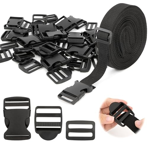 Yesaler Set di Cinghie con Fibbie Cinghia da 10m con 36 Fibbia Fibbia Zaino Nero Set Fibbie in Plastica per Zaino Cinghie Bagagli Fai da Te
