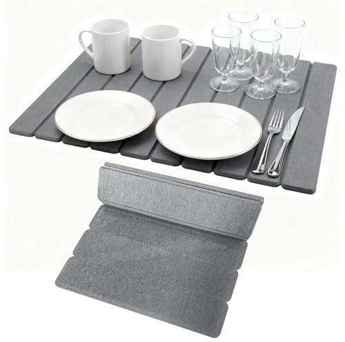 TranRantic 60×40cm Alfombrilla Escurreplatos de Diatomita, Gris Oscuro | Escurreplatos Diatomita Absorción, Alfombra Diatomita Cocina Plegable, Rápida y Secado Piedra Escurridorde de Platos Vajilla