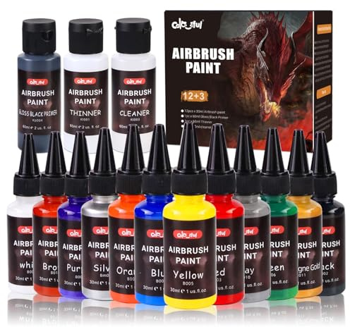 Colorful Airbrush Paint Set, 12 Colors 30ml Ready to Spray for Models & DIY | Non-toxic odorless quick-drying formula, permanent finish, includes black primer, cleaner & thinner for ABS, plastic & metal
