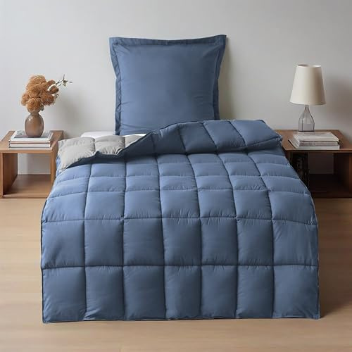 HIG Bettdecken-Set 2-teilig mit 1X Steppdecke 140x200 cm und 1X Kissenbezügen 65x65 cm – Oeko-TEX zertifizierte, kastenförmig genähte Daunenalternative in Blau, mit 1300g Füllung (300 GSM)