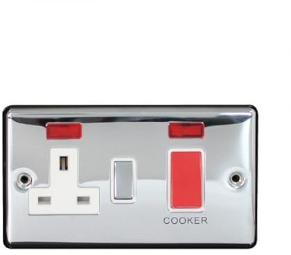 Polished Chrome 45A Cooker Control Unit with 13A Socket & Neon Indicator | 2 Gang Double Pole Switch | Heavy Duty Kitchen Appliance Isolator | Screwed Faceplate Wall Fitting (1)