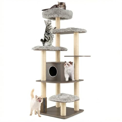 COSTWAY Wood Cat Tree, Tall Modern Cats Climbing Tower with Sisal Covered Scratching Posts, Washable Plush Cushions, Indoor Kitten Activity Furniture Play House (Grey)