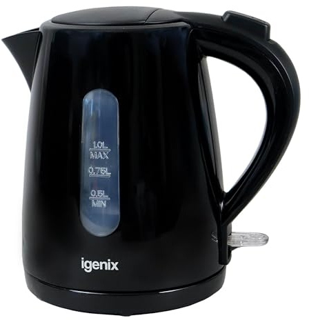 Igenix IGK11022B Cordless Electric Jug Kettle, 2200 Watt Rapid Boil, 1 Litre Capacity, 360° Base, Cord Storage, Removeable, Washable Filter, Boil Dry Protection (Black)