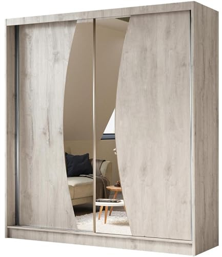 BEAUTY SOFA Vox - Schrank mit Spiegel - Kleiderschrank mit Schiebetüren - Garderobenschrank, Mehrzweckschrank, Flurschrank - 200cm breit - Sonoma Eiche