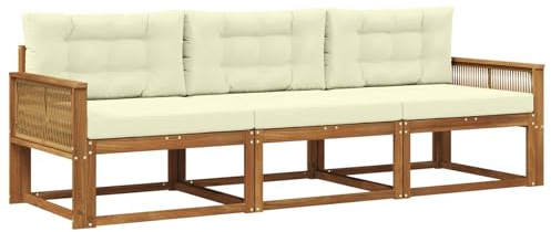 vidaXL Outdoor-Sofagarnitur mit Kissen 3 pcs Natur und Creme, Akazienholz Sofa Set für draußen, modernes Loungemöbel, Flexibler Gartenplatz, wetterfeste Einrichtung