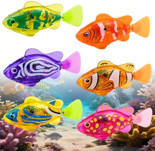 Robo Fish 6 Stück, Katzenspielzeug Fisch mit LED Licht, Interaktives Schwimmendes Roboter Fisch Spielzeug für Katzen Hunde Kinder, Wasseraktiviertes Badespielzeug aus Lebensmittelechtem ABS Kunststoff