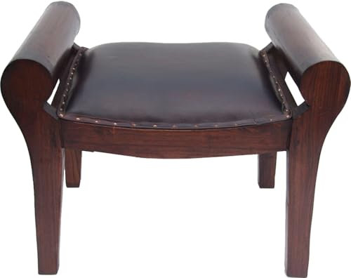 GURU SHOP Kleine Teakholzbank mit Gepolsterter Ledersitzfläche - Modell 4, Braun, 50x60x40 cm, Sitzmöbel