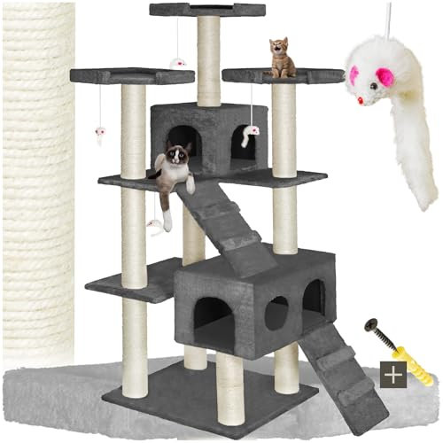 tectake® XXL Luxus Sisal Kratzbaum 186cm groß mit Spielzeug & Zubehör für Kitten und Katzen, Sisalseil Kratzstamm, Katzenhöhle und Katzenhaus, Katzentreppe und Aussichtsplattformen - anthrazit