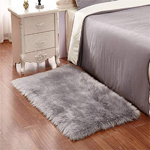 DQMEN Spitzenqualität Lammfellimitat Teppich, Kunstfell Dekofell Lammfellimitat Teppich Longhair Fell Nachahmung Wolle Bettvorleger Sofa Matte (Grau, 60 X 90cm)